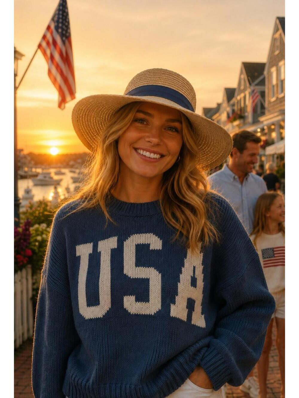 USA Graphic Knit Sweater Womens Size Large Blue America Celebration Coastal NWT